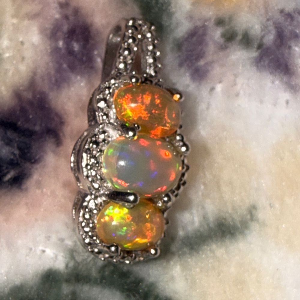 925 Ethiopian fire Opal Triple Stone Drop Pendant Necklace